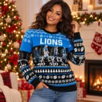 Custom Name And Number Detroit Lions Walking Abbey Road Ugly Christmas Sweater
