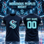 Custom Name and Number Seattle Kraken x Indigenous Peoples Night 2026 Navy Graphic Shirt for Hockey Fans