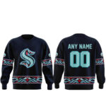 Custom Name and Number Seattle Kraken x Indigenous Peoples Night 2026 Navy Graphic Shirt for Hockey Fans