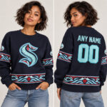 Custom Name and Number Seattle Kraken x Indigenous Peoples Night 2026 Navy Graphic Shirt for Hockey Fans