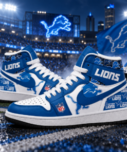 Detroit Lions Blue White Football Pride AJ1 High Top Shoes for Football Fans