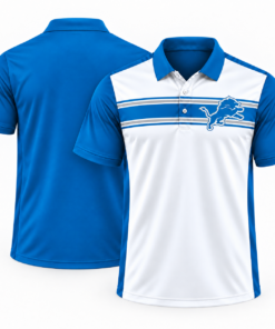 Detroit Lions Classic Team Stripe White Honolulu Blue Silver Polo Shirt for Football Fans