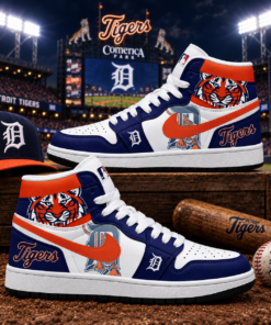 Detroit Tigers Navy Orange Baseball Pride AJ1 High Top Shoes for Baseball Fans