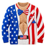 Funny American Flag Hairy Chest Tuxedo Ugly Christmas Sweater For Patriot Fans