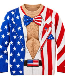 Funny American Flag Hairy Chest Tuxedo Ugly Christmas Sweater For Patriot Fans