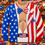 Funny American Flag Hairy Chest Tuxedo Ugly Christmas Sweater For Patriot Fans
