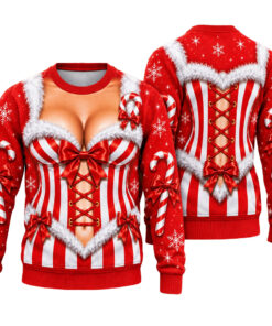 Funny Candy Cane Corset Cleavage Ugly Christmas Sweater for Christmas Fans