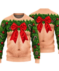 Funny Hairy Chest Wreath and Red Bow Ugly Christmas Sweater for Christmas Fans