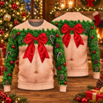 Funny Hairy Chest Wreath and Red Bow Ugly Christmas Sweater for Christmas Fans