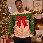 Funny Hairy Chest Wreath and Red Bow Ugly Christmas Sweater for Christmas Fans