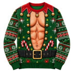 Funny Muscular Chest Elf Ugly Christmas Sweater