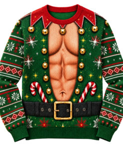 Funny Muscular Chest Elf Ugly Christmas Sweater