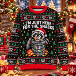 Funny Raccoon I’m Just Here For The Snacks Christmas Ugly Sweater for Holiday Fans