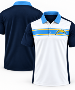 Los Angeles Chargers Classic Team Stripe White Navy Powder Blue Gold Polo Shirt for Football Fans
