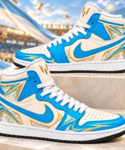 Lionel Messi GOAT Cream Blue Gold AJ1 High Top Shoes for Soccer Fans