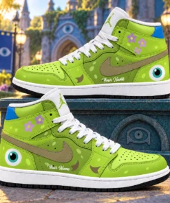 Monsters Inc Mike Wazowski Lime Green Floral AJ1 High Top Shoes for Disney Fans